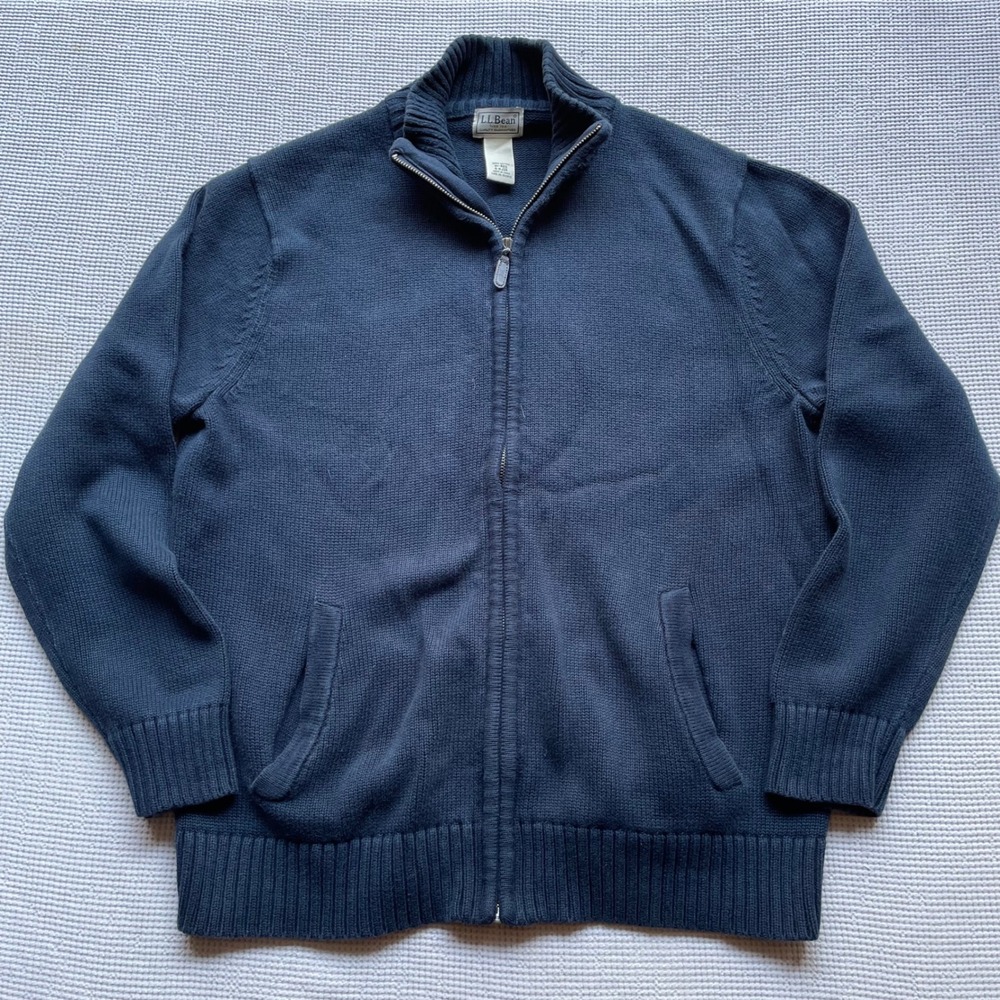 LL Bean Mens Navy Blue Full Zip Cotton Fisherman Knit Cardigan Sweater Medium